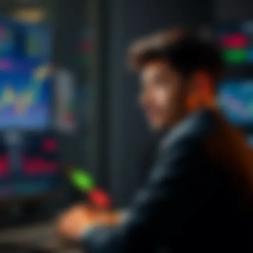 A young man considering cryptocurrency investments with a computer and charts in the background