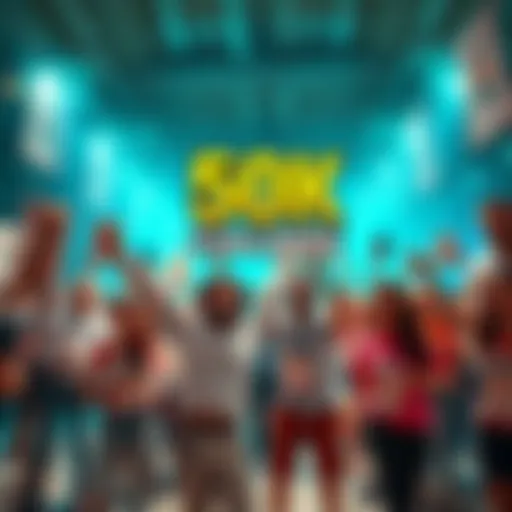 A group of people actively engaging in the 50K challenge, showing enthusiasm and collaboration, with banners and motivational signs around them.