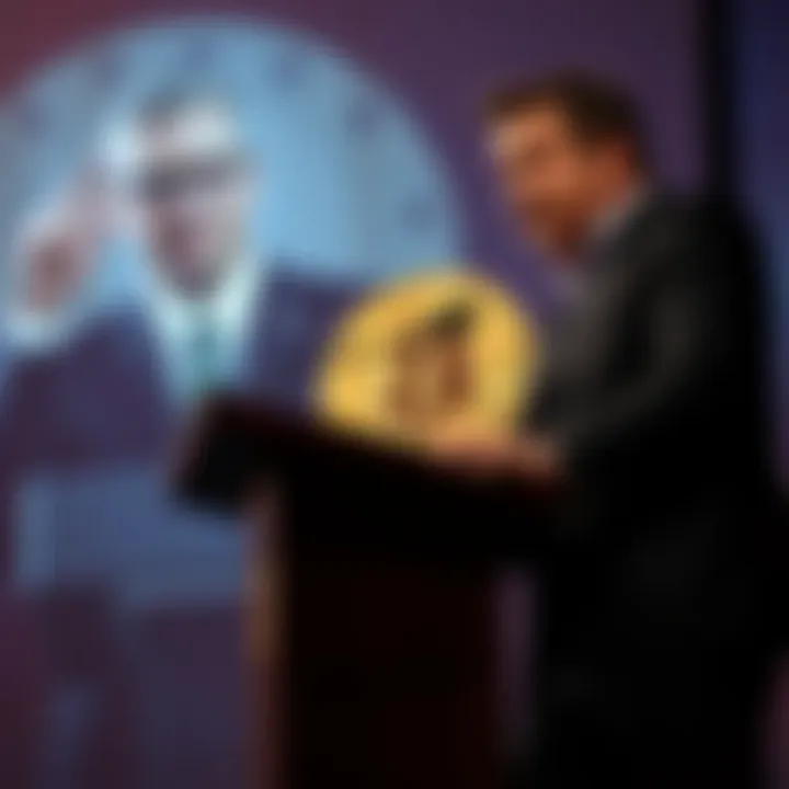 Adam Back speaking at a podium with a graphic of Bitcoin and Mark Cuban in the background