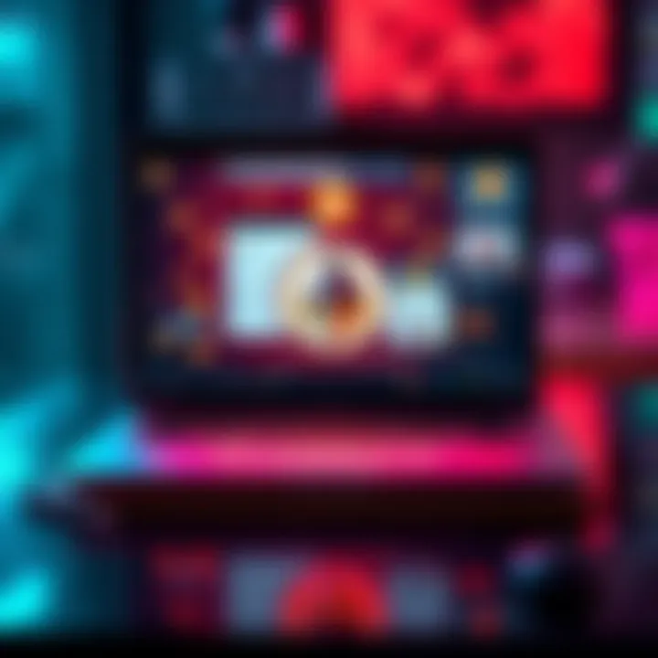 A digital marketing scene showing a laptop with cryptocurrency icons, forums, and chat platforms on the screen, symbolizing advertising Monero services.