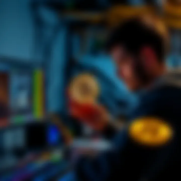 Affordable Bitcoin Mining Equipment A person examining budget-friendly Bitcoin miners with a computer and mining setup in the background