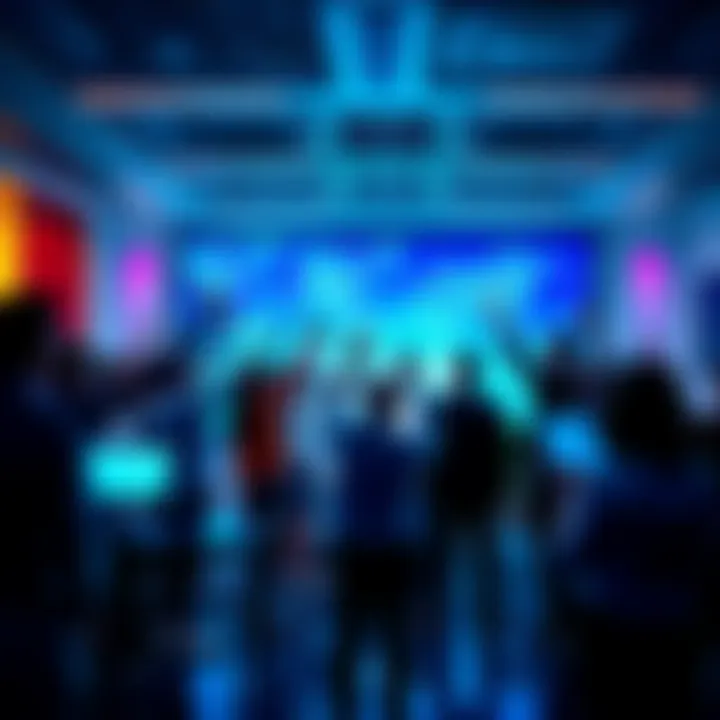 A group of tech professionals celebrating the launch of Agglayer's new interoperability solutions, showcasing a modern office environment with high-tech displays.