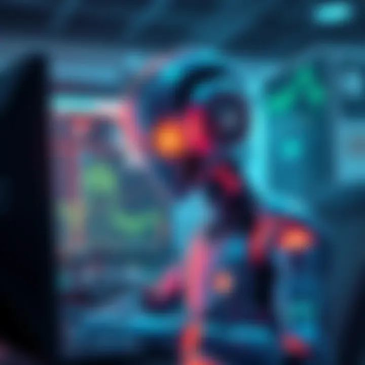 An illustration of an AI agent with digital elements mining cryptocurrency during a training session, showing a computer screen with mining activity.