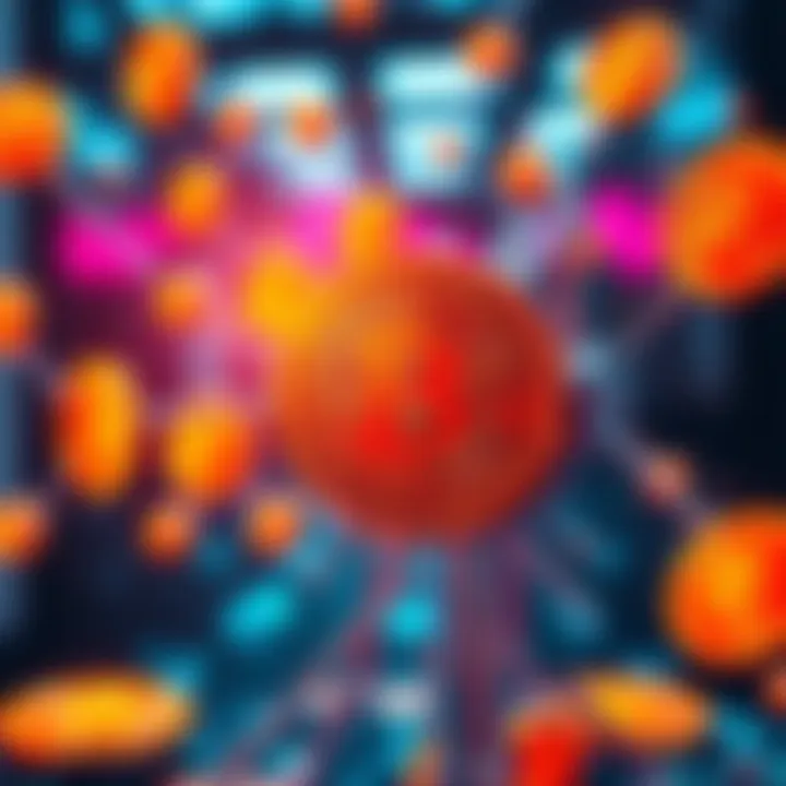 A digital representation of artificial intelligence interacting with Bitcoin symbols, showcasing the link between technology and cryptocurrency in a modern setting.