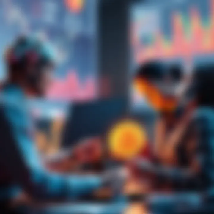 A graphic showing a diverse group of workers using AI technology while discussing Bitcoin, with charts and graphs in the background