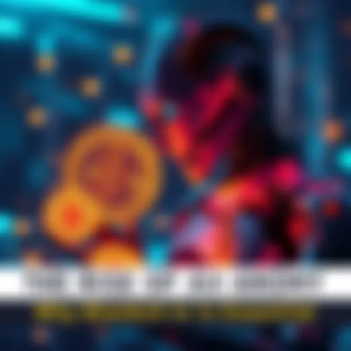 A futuristic robot interacting with blockchain symbols representing technology and security.