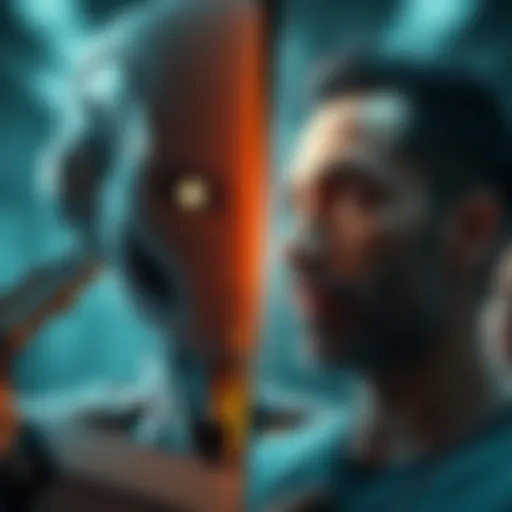A split image showing a robot on one side and a thoughtful human on the other, symbolizing the contrast between AI and human decision-making.