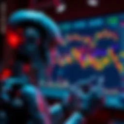 A robot analyzing financial charts on a screen, symbolizing AI predicting market trends.