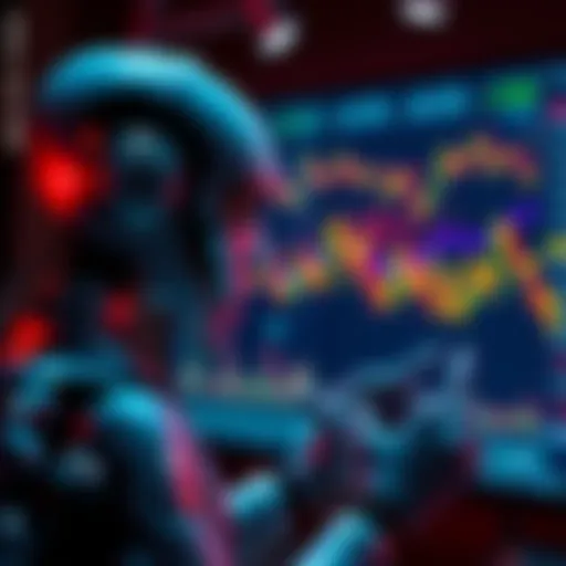 A robot analyzing financial charts on a screen, symbolizing AI predicting market trends.