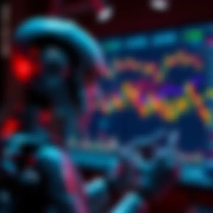 A robot analyzing financial charts on a screen, symbolizing AI predicting market trends.