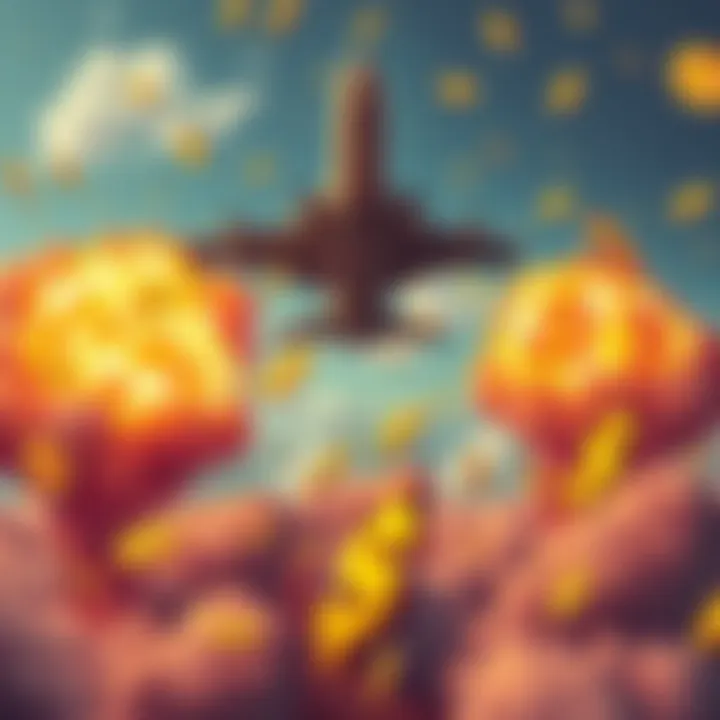 illustration of explosive airstrike impacts and falling cryptocurrency symbols