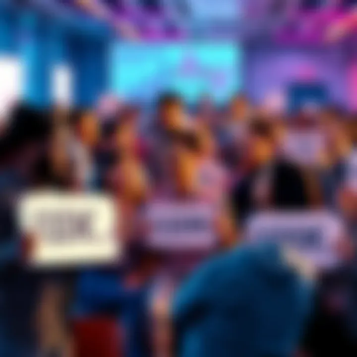 A diverse group of people discussing their investment goals for Algorand, some holding signs with amounts like 1K, 10K, and 100K Algos.