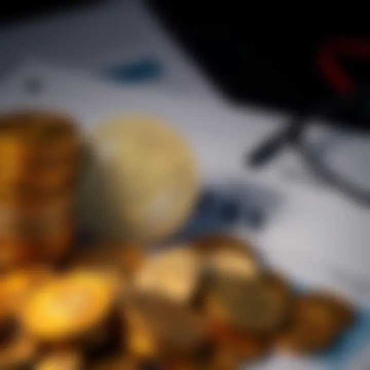 A pile of American coins next to a digital representation of cryptocurrency, with tax forms in the background, symbolizing the impact of capital gains tax on cryptocurrency use.