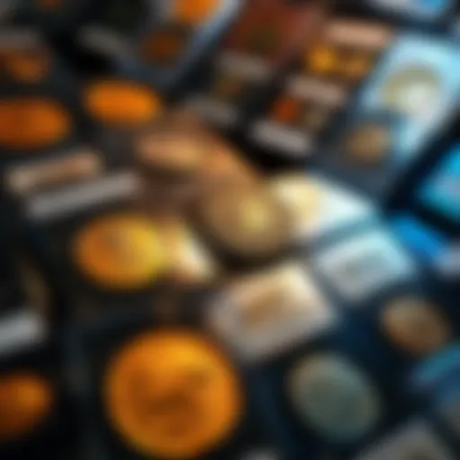 A collection of ancient coins displayed in protective slabs, showcasing varying conditions and designs, with labels for identification.