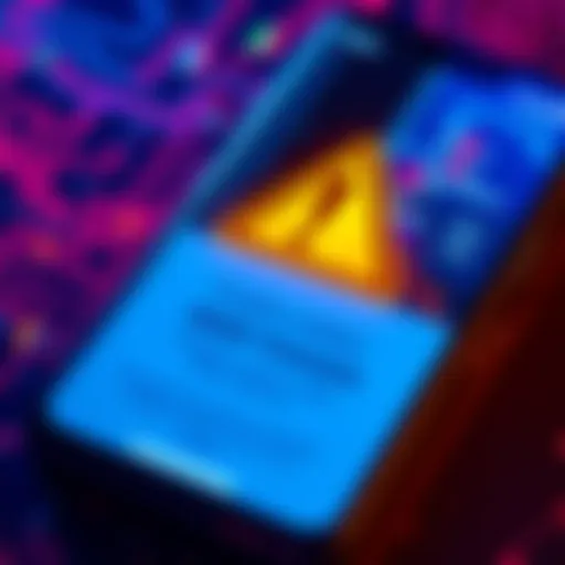 A warning sign on a smartphone screen showing a crypto wallet with highlighted seed phrases, indicating a security risk.