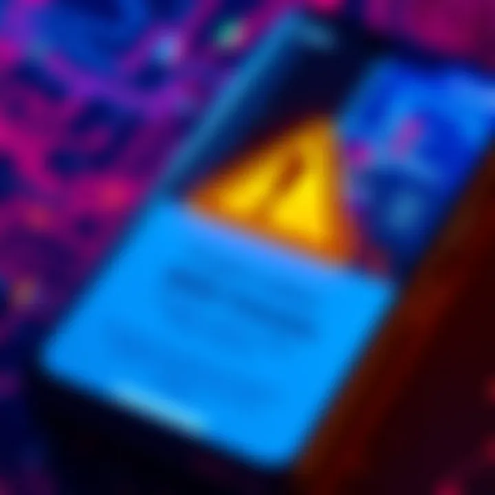 A warning sign on a smartphone screen showing a crypto wallet with highlighted seed phrases, indicating a security risk.