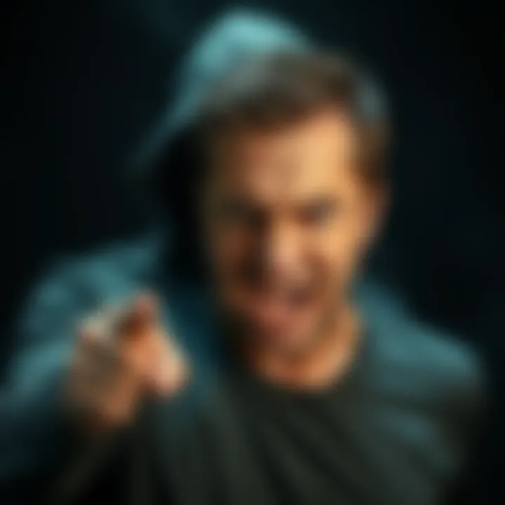 Angry Expression Against Troubling Figure A person expressing anger while pointing at a shadowy figure that represents a troubling individual.