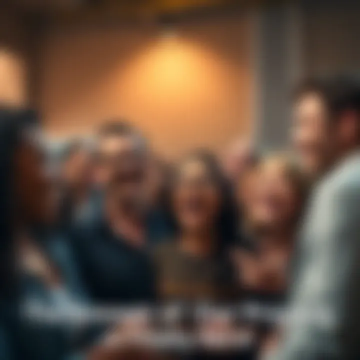 A diverse group of people looking excited and engaged, exchanging thoughts and ideas about recent news that brings joy.