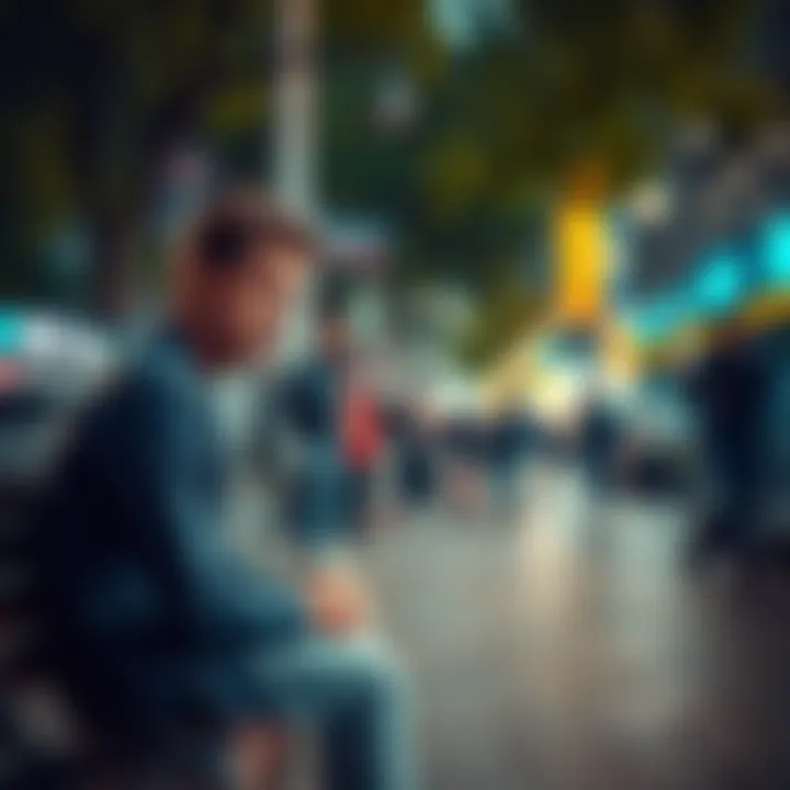 A person sitting on a park bench, looking worried amidst a bustling city scene with people walking by.
