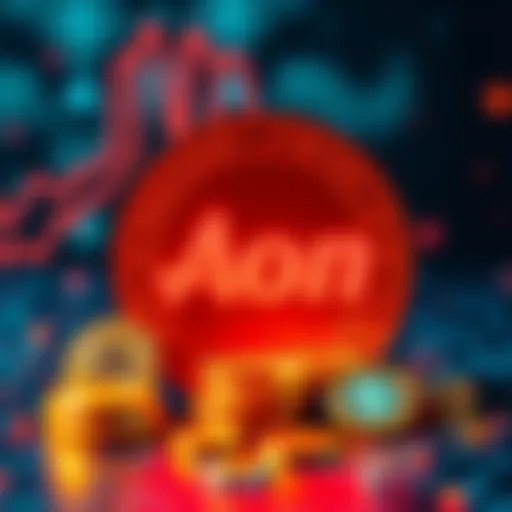Aon logo with stablecoins and blockchain icons, symbolizing the acceptance of digital currency for insurance premiums