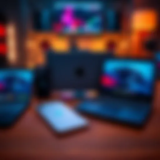 A collection of the latest Apple devices, including an iPhone, iPad, and MacBook, showcasing sleek designs and modern technology.