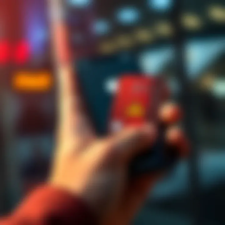 A person holding a smartphone with Apple Pay open and a credit card next to it, showing a warning symbol representing fraud
