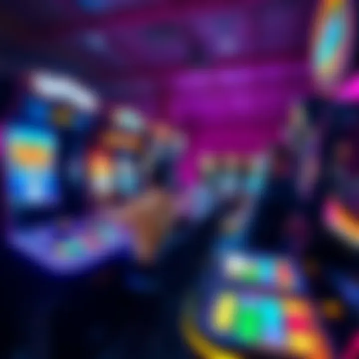 A selection of arcade game machines with bright screens and players enjoying the games, showcasing a fun atmosphere