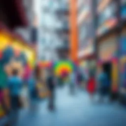 Colorful street art displayed in a vibrant urban setting with people interacting around it