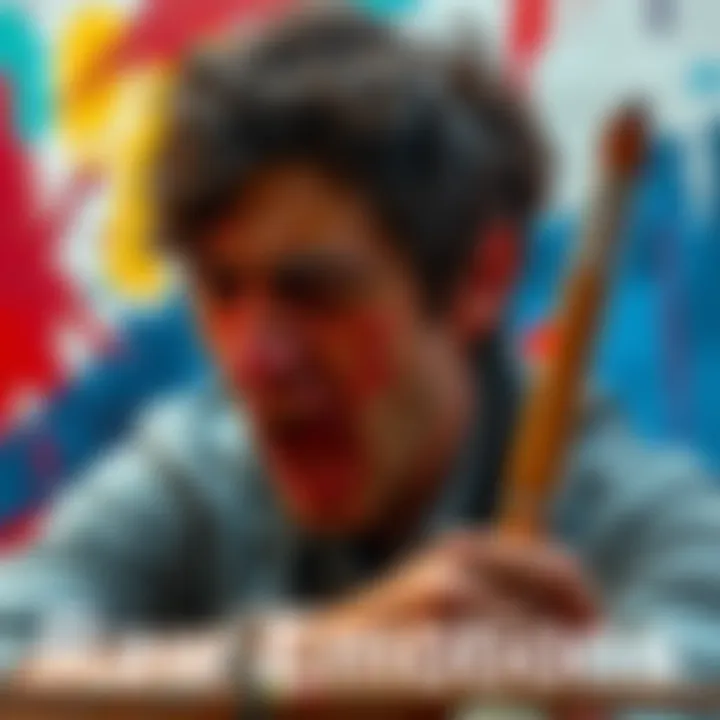 Artist expressing anger through painting An artist passionately painting on a canvas, showing raw emotions and intensity
