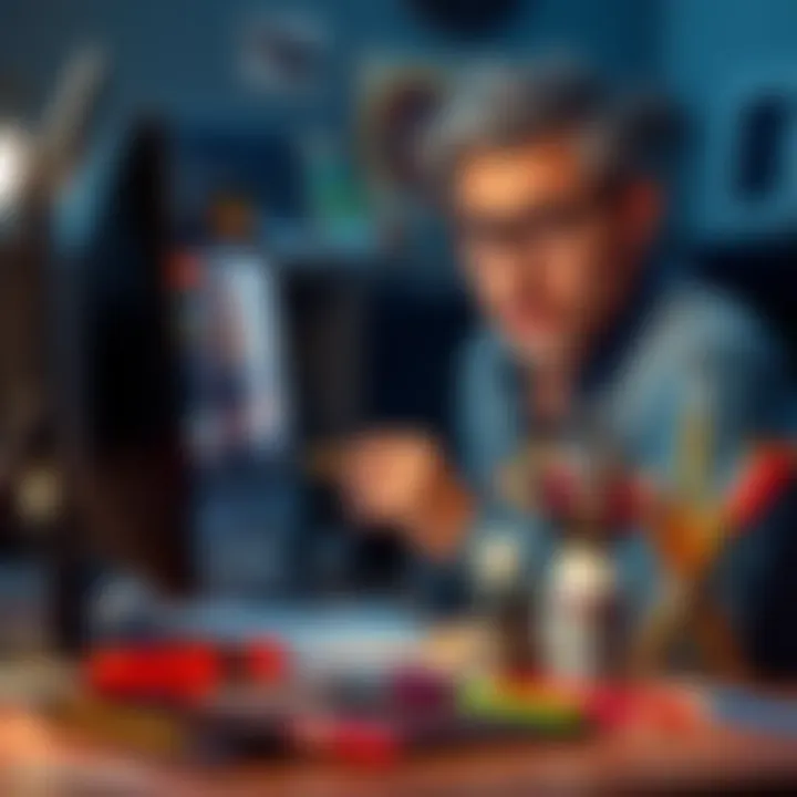 An artist looking concerned while reviewing a $4,000 NFT offer on a computer screen, with art supplies on a table nearby.