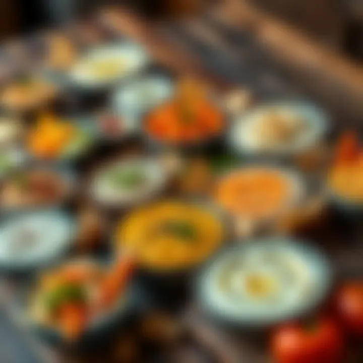 A colorful spread of various dip recipes served with chips and fresh vegetables on a wooden table