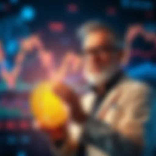 Astrophysicist discussing Bitcoin price prediction with graphs and charts in background