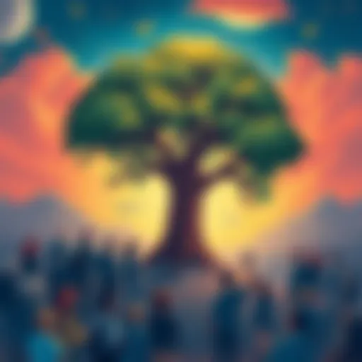 A vibrant illustration showing a strong tree symbolizing resilience, surrounded by supportive people, representing the community backing Atlas Earth.