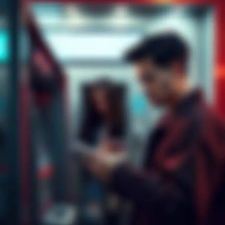 A frustrated person looking at their phone in front of an ATM, showing signs of distress over a failed cash withdrawal