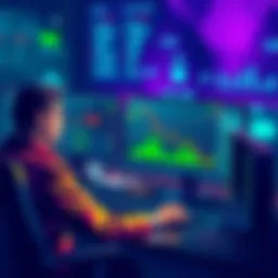 Illustration of a trader working on a computer with automated trading software, graphs, and currency symbols on the screen.