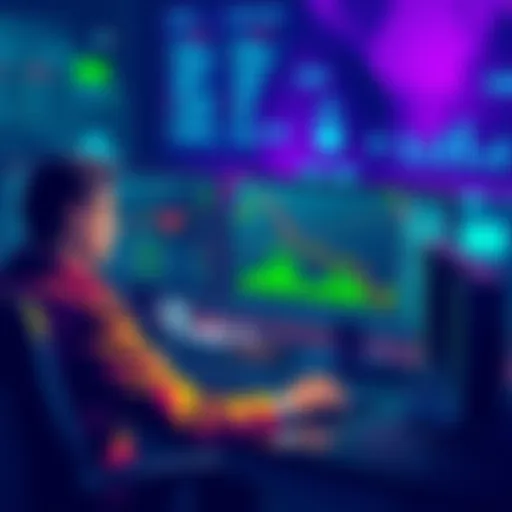 Illustration of a trader working on a computer with automated trading software, graphs, and currency symbols on the screen.