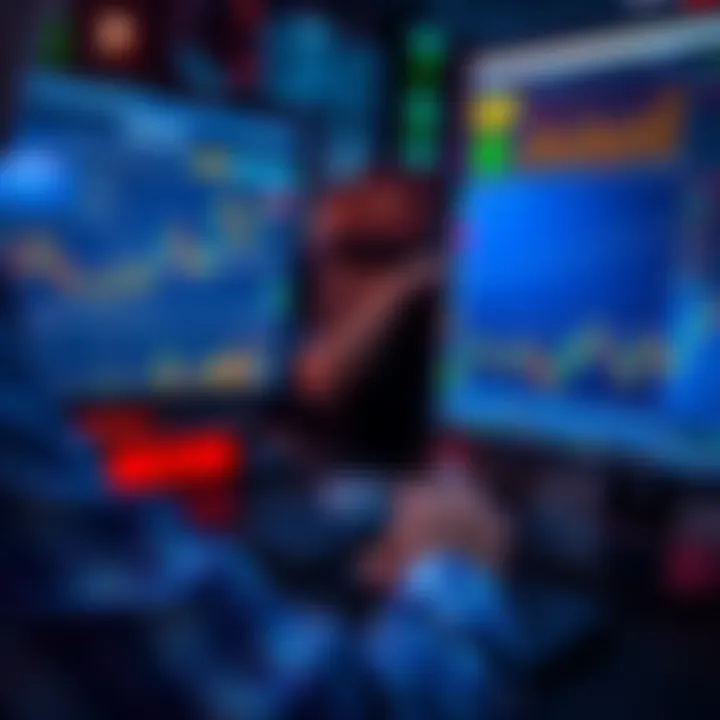 A trader looks at charts on a computer screen with automated trading software running, showing market data and graphs.