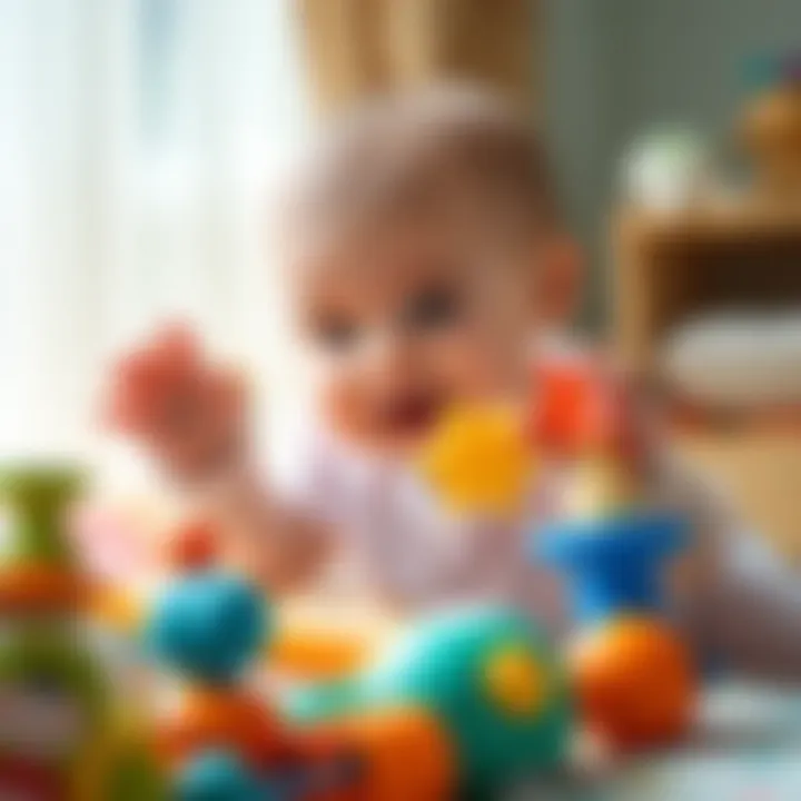 A 3-month-old baby joyfully reaching for bright toys in a cozy environment