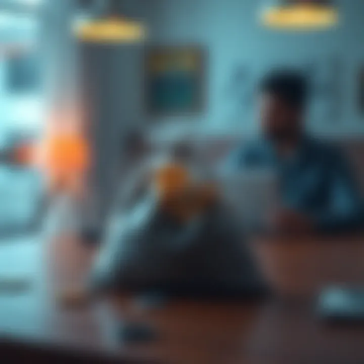 A bag filled with Buttcoin tokens sitting on a table with a disappointed person looking at a chart showing a market drop.