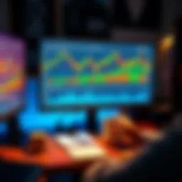 A person at a desk with a computer screen displaying cryptocurrency charts, while holding a coffee mug and a notepad, indicating multitasking between work and investments.