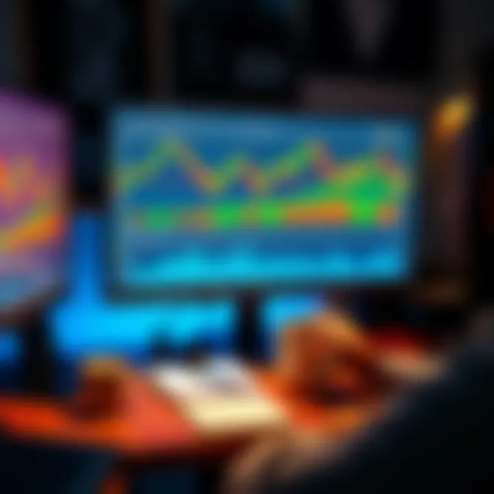 A person at a desk with a computer screen displaying cryptocurrency charts, while holding a coffee mug and a notepad, indicating multitasking between work and investments.
