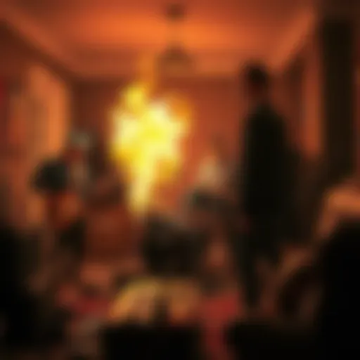 Band members Jez and Hans setting fire to musical gear in a chaotic scene, while Mark watches with frustration