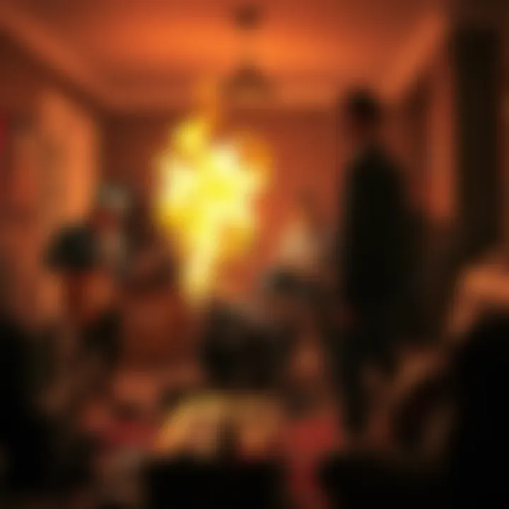 Band members Jez and Hans setting fire to musical gear in a chaotic scene, while Mark watches with frustration