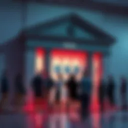 People standing in line outside a bank looking anxious as they try to withdraw cash during a financial crisis.