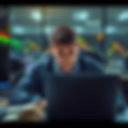 A trader looks frustrated while checking bank compliance on a laptop, surrounded by cash withdrawal methods.