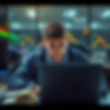 A trader looks frustrated while checking bank compliance on a laptop, surrounded by cash withdrawal methods.