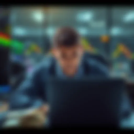 A trader looks frustrated while checking bank compliance on a laptop, surrounded by cash withdrawal methods.