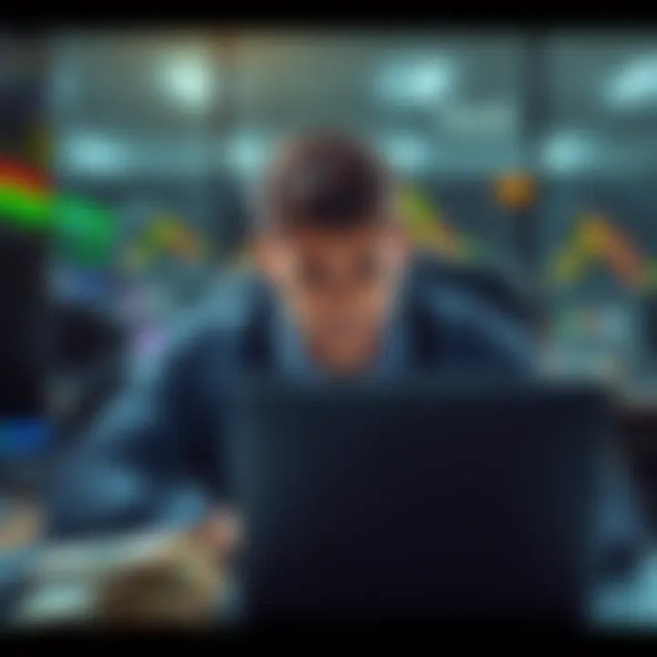A trader looks frustrated while checking bank compliance on a laptop, surrounded by cash withdrawal methods.