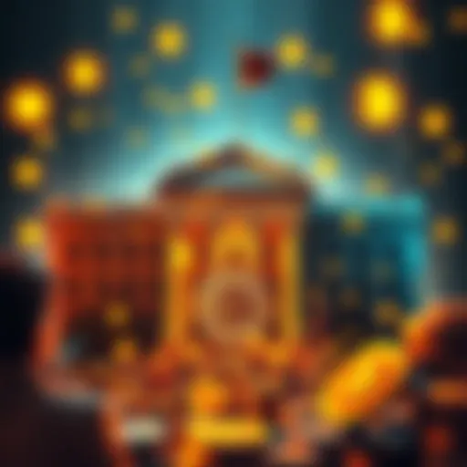 A visual representation of banks merging with cryptocurrency symbols, depicting a blend of traditional finance and digital assets.