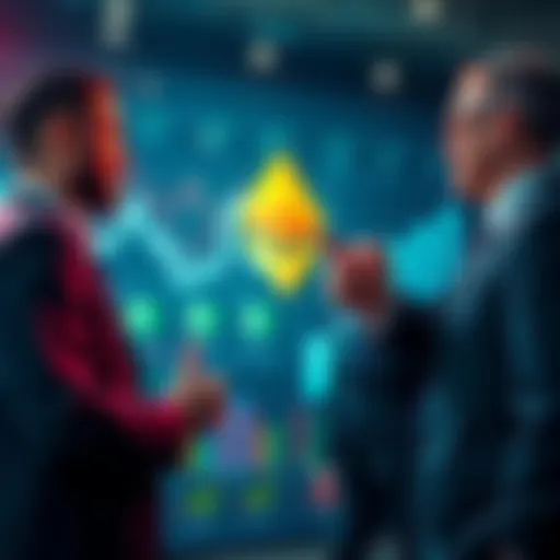 Group of bankers discussing Ethereum investments with charts and graphs in the background